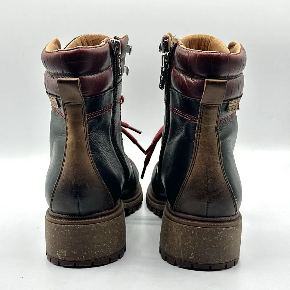 Pikolinos Aspe Leather Boots Womens 7.5-8 EU 38 Black Zip Hiker Red Lace Lug